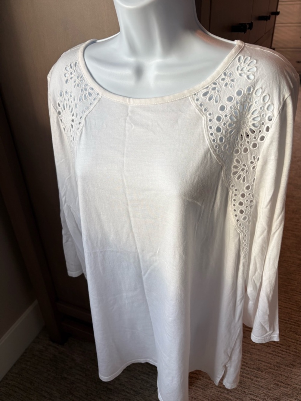 Women’s White Eyelet Detail Long Sleeve Top